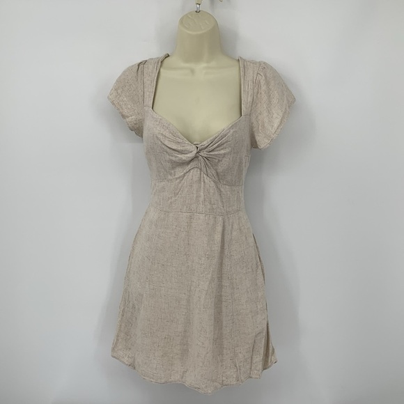 Abercrombie & Fitch twist front linen blend shift mini dress tan fit flare Small - Picture 2 of 5